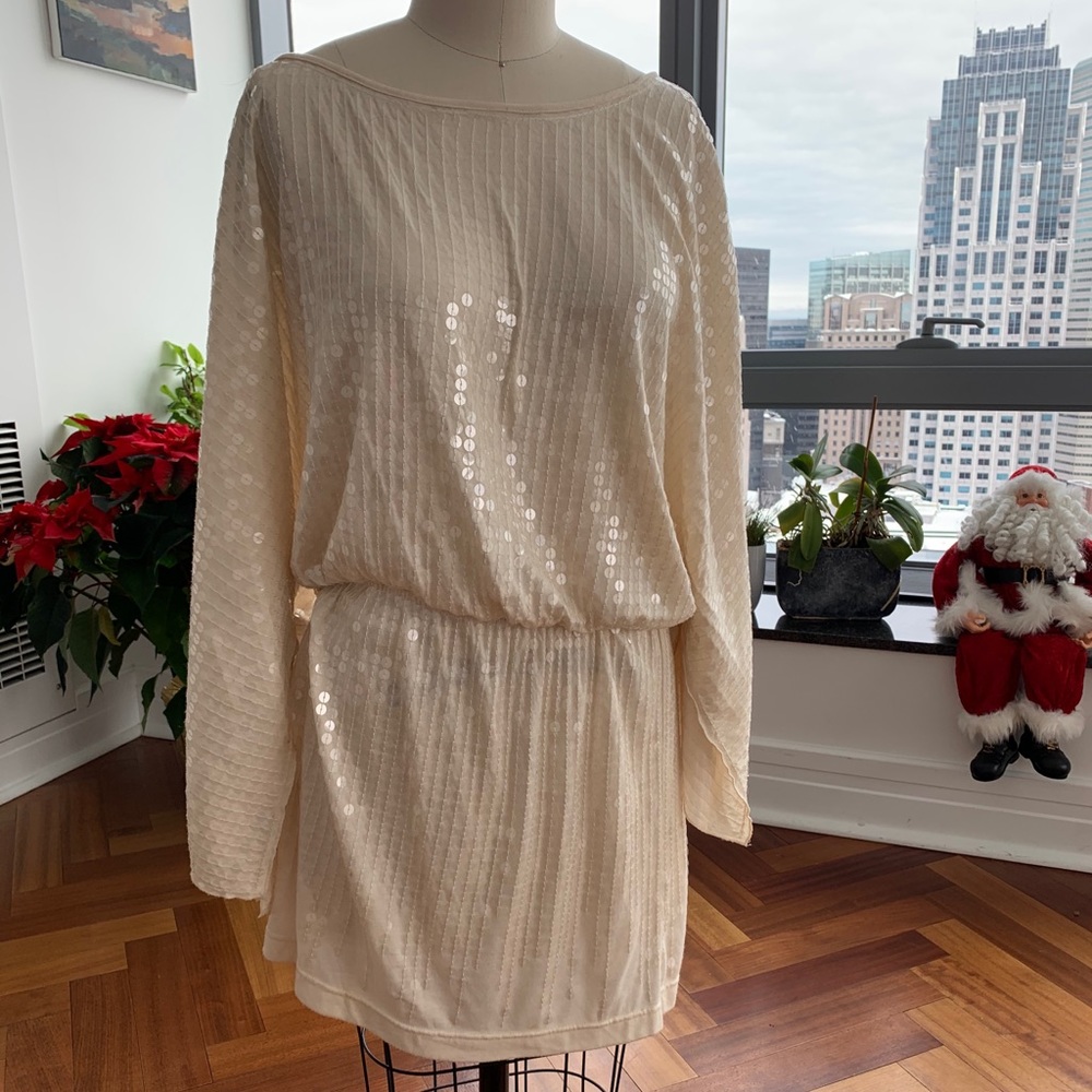 Off shoulder beige sequined dress